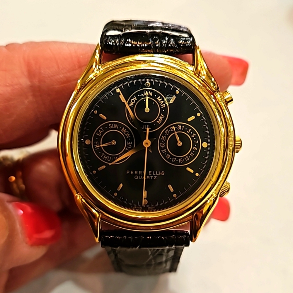 PERRY ELLIS LEATHER BLACK‎ QUARTZ PE0016 UNISEX WATCH